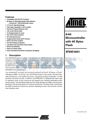 AT89C4051-12PA datasheet - 8-Bit Microcontroller with 4K Bytes Flash