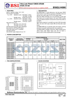 BS62LV4006PCP70 datasheet - Very Low Power CMOS SRAM 512K X 8 bit