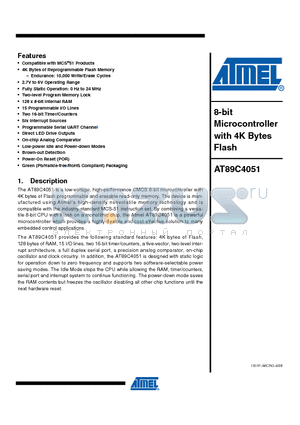 AT89C4051-12PU datasheet - 8-bit Microcontroller with 4K Bytes Flash