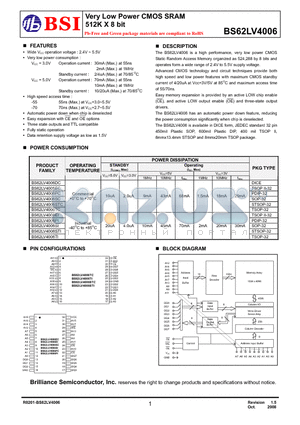 BS62LV4006PIP70 datasheet - Very Low Power CMOS SRAM 512K X 8 bit