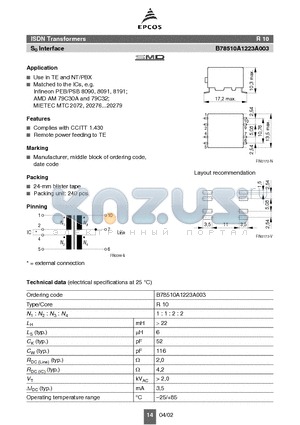 B78510A1223A003 datasheet - ISDN Transformers