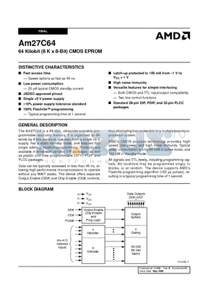 AM27C64-255JC datasheet - 64 Kilobit (8 K x 8-Bit) CMOS EPROM