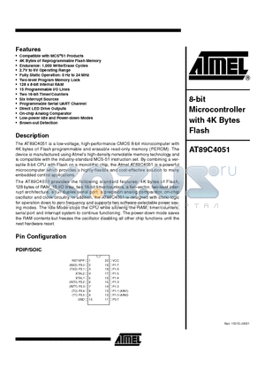 AT89C4051-24PC datasheet - 8-bit Microcontroller with 4K Bytes Flash