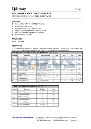 DL-3545-SBS datasheet - 1310 nm DFB LASER DIODE MODULES UNCOOLED MQW DFB LD WITH RECEPTACLE