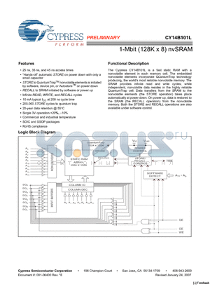 CY14B101L-SP25XCT datasheet - 1-Mbit (128K x 8) nvSRAM