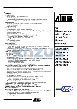 AT89C5122DS-ALRUM datasheet - C51 Microcontroller with USB and Smart Card Reader Interfaces