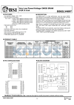 BS62LV4007EI-70 datasheet - Very Low Power/Voltage CMOS SRAM 512K X 8 bit