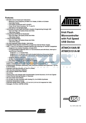 AT89C5131A-PUTUM datasheet - 8-bit Flash Microcontroller with Full Speed USB Device