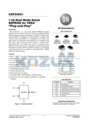 CAT24C21WI-T3 datasheet - 1 kb Dual Mode Serial EEPROM for VESA Plug-and-Play