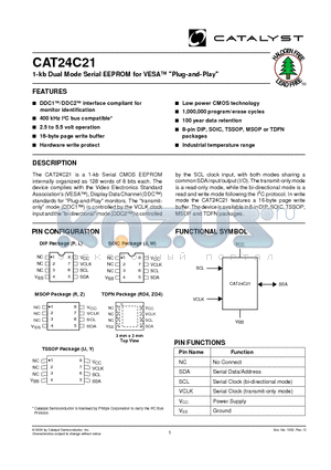 CAT24C21ZD4ITE13 datasheet - 1-kb Dual Mode Serial EEPROM for VESA Plug-and-Play