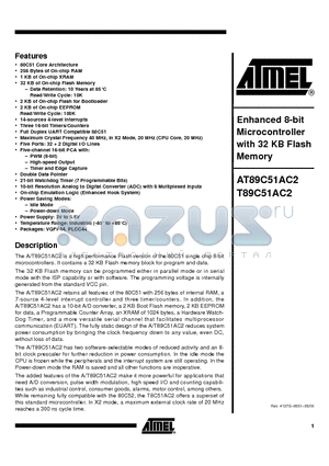 AT89C51AC2-SLSUM datasheet - Enhanced 8-bit Microcontroller with 32 KB Flash Memory