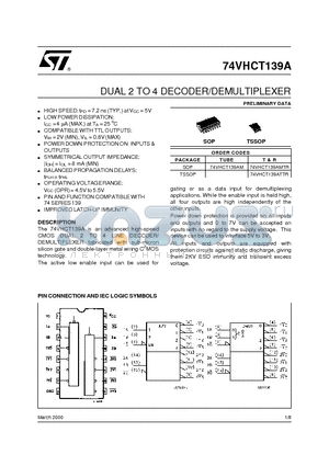 74VHCT139A datasheet - DUAL 2 TO 4 DECODER/DEMULTIPLEXER