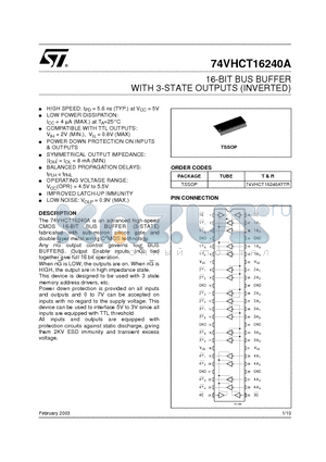 74VHCT16240A datasheet - 16-BIT BUS BUFFER WITH 3-STATE OUTPUTS (INVERTED)