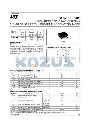 2DPFS20V datasheet - P-CHANNEL 20V - 0.14 ohm - 2.5A SO-8 2.7V-DRIVE STripFET II MOSFET PLUS SCHOTTKY DIODE
