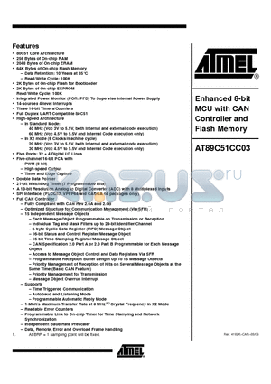 AT89C51CC03UA-RLTUM datasheet - Enhanced 8-bit MCU with CAN Controller and Flash Memory