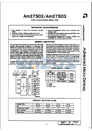 AM27S02 datasheet - 64-Bit Inverting-Output Bipolar RAM