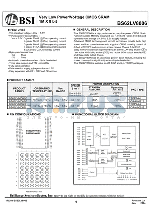 BS62LV8006 datasheet - Very Low Power/Voltage CMOS SRAM 1M X 8 bit