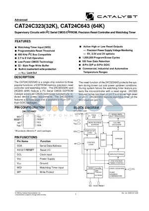 CAT24C323P-45TE13 datasheet - Supervisory Circuits with I2C Serial CMOS E2PROM, Precision Reset Controller and Watchdog Timer