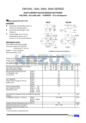 CM2506 datasheet - HIGH CURRENT SILICON BRIDGE RECTIFIERS(VOLTAGE - 50 to 800 Volts CURRENT - 10 to 35 Amperes)