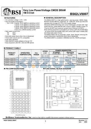 BS62LV8007EI datasheet - Very Low Power/Voltage CMOS SRAM