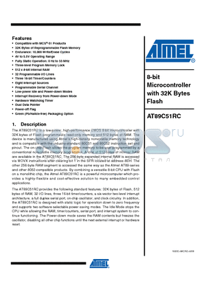 AT89C51RC-24AU datasheet - 8-bit Microcontroller with 32K Bytes Flash