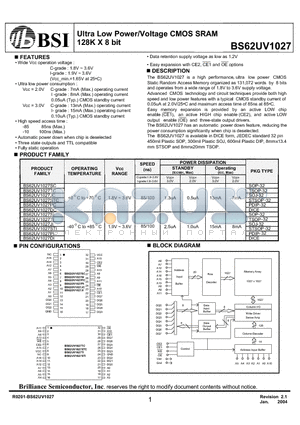 BS62UV1027SCG85 datasheet - Ultra Low Power/Voltage CMOS SRAM 128K X 8 bit
