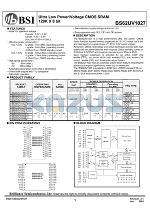 BS62UV1027STCP10 datasheet - Ultra Low Power/Voltage CMOS SRAM 128K X 8 bit