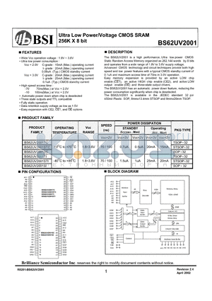 BS62UV2001 datasheet - Ultra Low Power/Voltage CMOS SRAM 256K X 8 bit