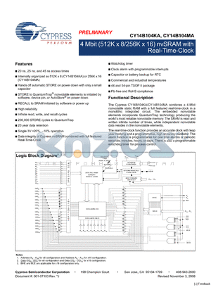 CY14B104MA-ZSP20XI datasheet - 4 Mbit (512K x 8/256K x 16) nvSRAM with Real-Time-Clock