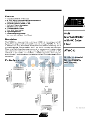 AT89C52-12PI datasheet - 8-bit Microcontroller with 8K Bytes Flash
