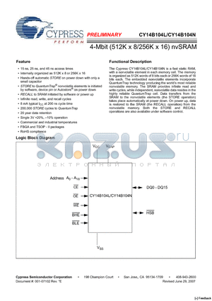 CY14B104N datasheet - 4-Mbit (512K x 8/256K x 16) nvSRAM