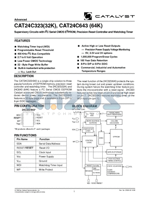 CAT24C643P-30TE13 datasheet - Supervisory Circuits with I2C Serial CMOS E2PROM, Precision Reset Controller and Watchdog Timer