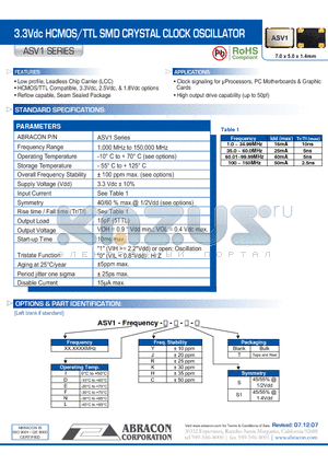 ASV1 datasheet - 3.3Vdc HCMOS/TTL SMD CRYSTAL CLOCK OSCILLATOR