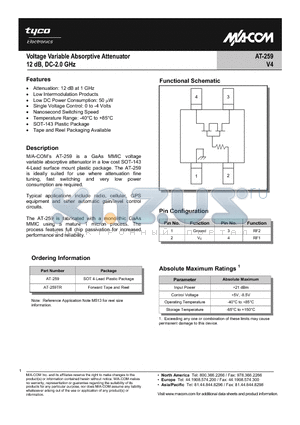 AT-259 datasheet - Voltage Variable Absorptive Attenuator 12 dB, DC-2.0 GHz