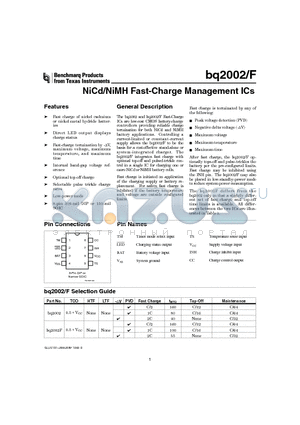 BQ2002F datasheet - NiCd/NiMH Fast-Charge Management ICs