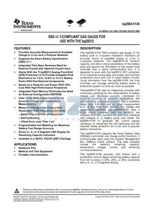 BQ2084DBT-V140 datasheet - SBS v1.1-COMPLIANT GAS GAUGE FOR USE WITH THE bq29312