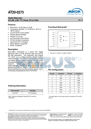 AT20-0273 datasheet - Digital Attenuator 32.0 dB, 2-Bit, TTL Driver, DC-2.0 GHz