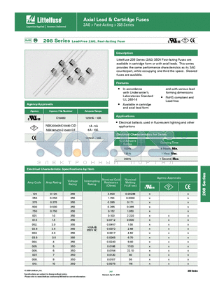 0208.250DRT1P datasheet - 208 Series Lead-Free 2AG, Fast-Acting Fuse