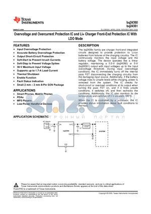 BQ24380DSGR datasheet - Overvoltage and Overcurrent Protection IC and Li Charger Front-End Protection IC With LDO Mode