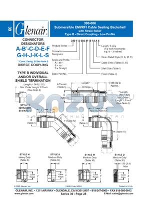 390SA006M08 datasheet - Submersible EMI/RFI Cable Sealing Backshell with Strain Relief