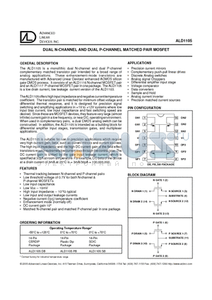 ALD1105 datasheet - DUAL N-CHANNEL AND DUAL P-CHANNEL MATCHED PAIR MOSFET