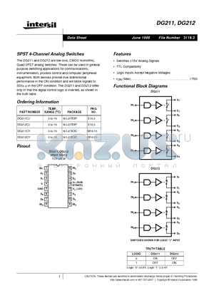 DG212 datasheet - SPST 4-Channel Analog Switches