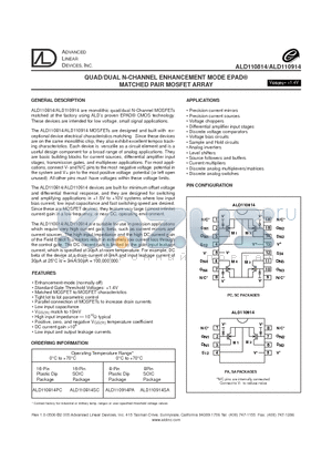 ALD110914 datasheet - QUAD/DUAL N-CHANNEL ENHANCEMENT MODE EPAD MATCHED PAIR MOSFET ARRAY