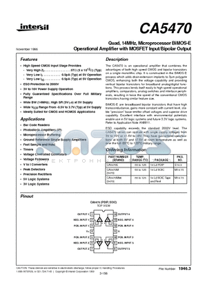CA5470E datasheet - Quad, 14MHz, Microprocessor BiMOS-E Operational Amplifier with MOSFET Input/Bipolar Output