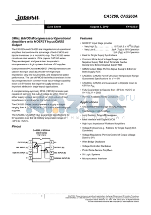 CA5260MZ96 datasheet - 3MHz, BiMOS Microprocessor Operational Amplifiers with MOSFET Input/CMOS Output