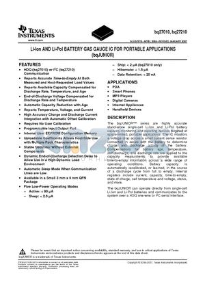 BQ27010DRKR datasheet - Li-Ion AND Li-Pol BATTERY GAS GAUGE IC FOR PORTABLE APPLICATIONS (bqJUNIOR)