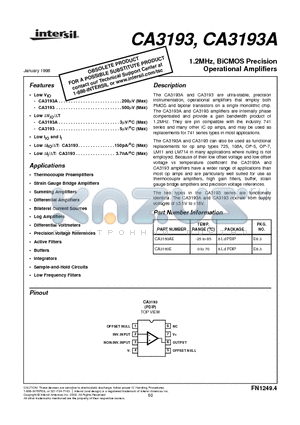 CA3193AE datasheet - 1.2MHz, BiCMOSPrecision OperationalAmplifiers