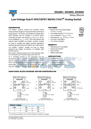 DG3003 datasheet - Low-Voltage Sub-ohm SPST/SPDT MICRO FOOT Analog Switch