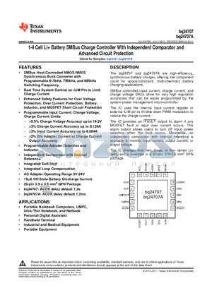 BQ24707RGRT datasheet - 1-4 Cell Li Battery SMBus Charge Controller With Independent Comparator and Advanced Circuit Protection
