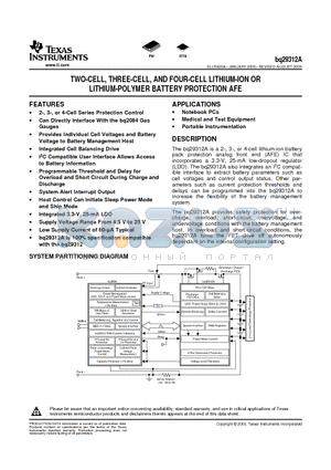 BQ29312APWR datasheet - TWO-CELL, THREE-CELL, AND FOUR-CELL LITHIUM-ION OR LITHIUM-POLYMER BATTERY PROTECTION AFE